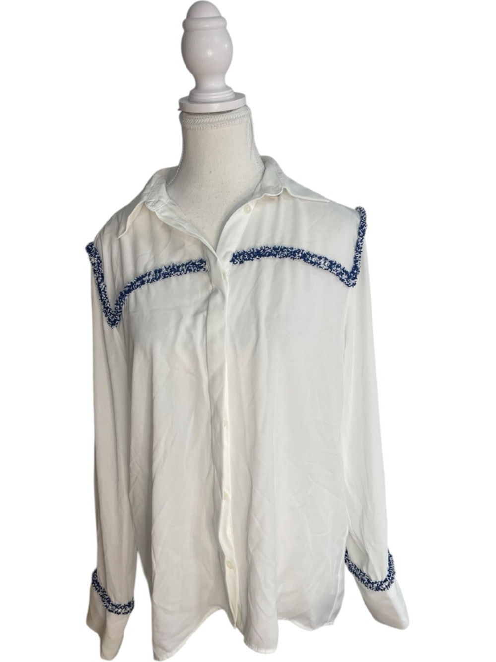 Zara Blouse with Tweed Trim White Blue